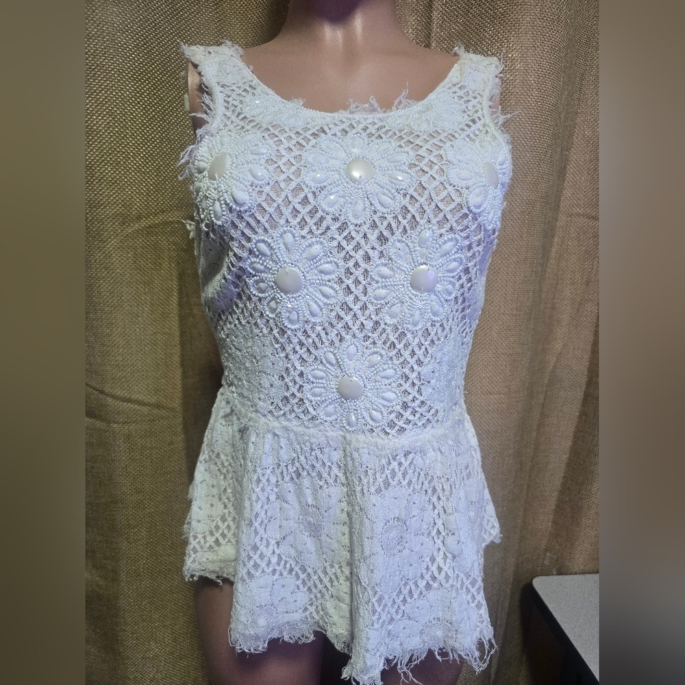 Free People New Romantics Elegant White Lace Sleeveless Blouse